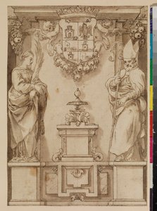 Entwurf für eine Titelseite mit zwei Heiligen auf Sockeln und einem imaginären spanischen Wappen, 17. Jahrhundert von Alonso Cano