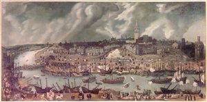 Ansicht der Stadt Sevilla (Spanien). Gemälde zugeschrieben Alonso Sanchez-Coello (circa 1531-1588) Ende des 16. Jahrhunderts