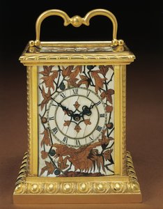 Kutschenuhr, aus einem Napoleon III Vierer-Schreibtischset, Marketerie von Duvinage und Harinckouk, ca. 1877
