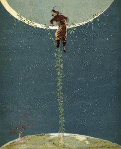 Baron Münchhausen klettert zum Mond über eine Bohnenpflanze, aus 