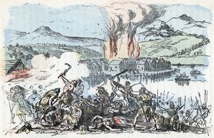 Urgeschichte: Kriegsszene zu Beginn der Eisenzeit, Brand der Pfahlbausiedlungen von Alphonse Demarle