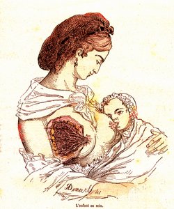 Das Kind an der Brust (J. Rengades normales Leben & Gesundheit) - Stillen. Zeichnung von A. Demarle 1881