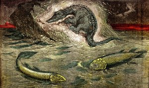 Übergang von Fischen zu Reptilien: Proteosaurier (oben) Reptil aus Fisch, Kohlezeit. Der Holoptychius unten links und der Osteolepis rechts. 1885. Natürliche Schöpfung & Lebewesen. Zeichnung von A. Demarle von Alphonse Demarle