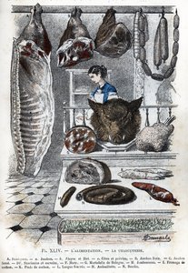Ansicht von Aufschnitt. Ein halbes Schwein (ein Schinken, Aloyau, Rippen und Brust), frischer Schinken, geräucherter Schinken, Würste und Cerevelas, Hure, Mortadella aus Bologna, Schinken, Schweinekäse, Schweinefüße, gefüllte Zunge, Andouillette, Blutwurst von Alphonse Demarle