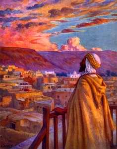 Muezzin ruft die Gläubigen zum Gebet in einem Dorf in der Wüste. Von Nasreddine Dinet (Alphonse-Étienne Dinet). 1861 – 1929. Ein französischer orientalistischer Maler. 1918 von Alphonse Etienne Dinet
