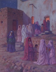 Muslime verlassen die Dorfmoschee am Vorabend von Mouled, Illustration aus einer Geschichte des Lebens des Propheten Mohammed, veröffentlicht in Paris 1918 von Alphonse Etienne Dinet