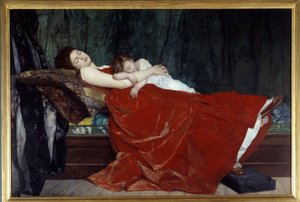 Schlafende Frau und schlafendes Kind. Gemälde von Alphonse Lecadre (1872) von Alphonse Eugene Felix Lecadre