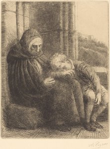 Frau sitzt an einer Wand, Kind mit Kopf in ihrem Schoß (Femme assise, muraille au fond, enfant la tete dans son giron) von Alphonse Legros