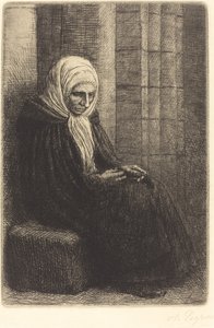 Frau sitzt an einer Wand, Kind mit Kopf in ihrem Schoß von Alphonse Legros