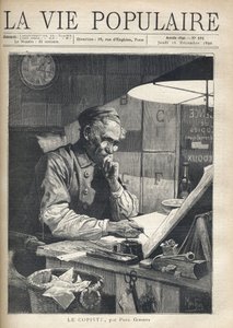 Ein konzentrierter Kopist bei der Arbeit in seinem Büro. Illustration von Alfons Maria Mucha (Alphonse Marie Mucha)
