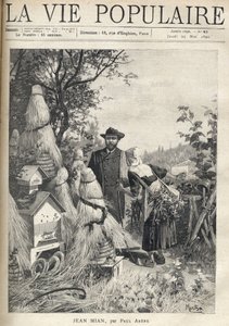 Ein Mann auf einer Landstraße schaut, die Augen in die Welle gerichtet, auf den Standort von etwa einem Dutzend Bienenstöcken. Ein alter Bauer, der sich auf einen Stock stützt und unter der Grasernte, die er auf dem Rücken trägt, gebeugt ist, spricht ihn a