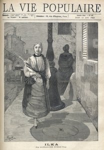 Eine einfache und distinguierte junge Frau mit Zöpfen, die einen Regenschirm hält, geht selbstbewusst die Straße entlang. Hinter ihr setzen eine in Schwarz gekleidete Frau und ein Fuhrwerk, das Fässer transportiert, ihre Reise fort. Illustration von Alfons
