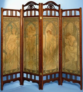 Ein Jugendstil-Paravent, die Paneele dekoriert mit der Serie "Les Heures du Jour", bestehend aus Eveil Matin, Eclat du Jour, Reverie du Soir und Repos de la Nuit, 1899