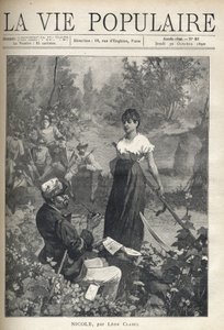 Ein alter Mann liest einer schönen jungen Bäuerin einen Brief vor, während Jäger die Szene aus der Ferne beobachten von Alphonse Mucha