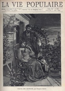 Nachts, auf einem blumigen Balkon, versammelt sich eine Familie um die Mutter, die auf einem Sessel sitzt und die Hand ihres hinter ihr stehenden Mannes hält, beide sehen traurig und erschossen aus. Zu ihren Füßen, den Kopf auf die Mutter gelegt, schläft e