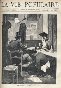In einem Restaurant, ein Mann und eine Frau sind getrennt und essen zu Abend. Der Servicejunge hockt neben dem Mann und installiert einen heißen Ziegelstein unter seinen Füßen. Illustration von Alfons Maria Mucha (Alphonse Marie Mucha) von Alphonse Mucha