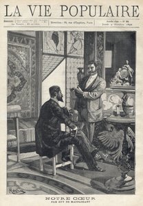 Zwei Männer, einer sitzend und der andere stehend, stehen sich gegenüber und sind in ein Gespräch vertieft, rauchen Zigaretten in einem reich dekorierten Wohnzimmer (Buntglasfenster, Möbel, Kunstgegenstände). Illustration von Alfons Maria Mucha (Alphonse M