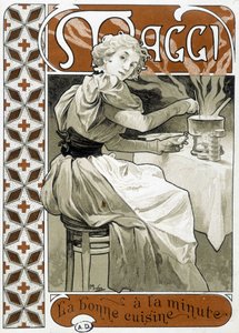 Junge Frau kocht auf einem Gasherd - Werbung Maggi „gutes Essen in Minuten“, von Mucha, ca. 1890 von Alphonse Mucha