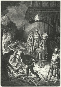 El Cid, begleitet von seiner Frau Dona Jimena, überwacht den Bau des Scheiterhaufens von Ahmed, maurischer König von Valencia