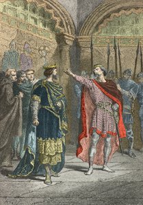 Adalbert Graf von der Mark fordert Hugo Capet heraus, wer dich zum König gemacht hat (Gravur) von Alphonse Marie de Neuville
