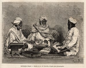 Die Mullahs der Moschee von Bhopal, in voller Diskussion über die strittigen Punkte der muslimischen Religion, Gravur nach der Zeichnung von A. de Neuville, zur Illustration der Reise in Indien der Rajahs, 1864-1868, von Louis Rousselet, veröffentlicht in 