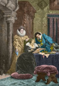 Maria de Medici unter dem Einfluss von Concino Concini und Leonora Dori (Gravur)