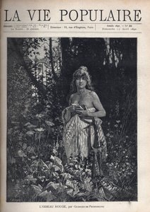 Eine nackte junge Frau, stehend und unfrisiert, bedeckt ihren Körper mit einer Decke, umgeben von Vegetation und Bäumen, die ein schmiedeeisernes Gitter verdecken. Illustration von Alfons Maria Mucha von Alphonse Mucha
