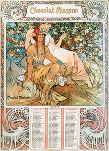 Kalenderseite des Jahres 1898, dekoriert mit einer Werbeillustration von Alphonse Mucha für die Schokoladen Masson