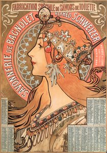 Kalenderseite des Jahres 1898, dekoriert mit einer Werbeillustration von Alphonse Mucha für die Seifenfirma Savonnerie de Bagnolet Alfred Schweizer von Alphonse Mucha