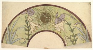 Entwurf für einen Fächer mit Sonnenstrahlen, Lilien und Schwertlilien von Alphonse Mucha