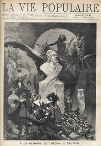 Zum Gedenken an Théophile Gautier (1811-1872). Um eine Büste des Schriftstellers laufen die Figuren in Kostümen seiner Werke mit Traurigkeit und Würde, unter dem Blick eines Kindes, das Lorbeerkränze auf einem geflügelten Pferd reitet. Illustration von Alf von Alphonse Mucha