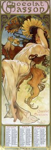 Frau in Herbststimmung - von Mucha, Kalender Chocolat Mexicain Chocolat Masson, Juli, August, September 1897 von Alphonse Mucha