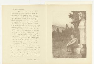 Illustration mit Frau, die neben einer Büste eines Mannes und einem Wasserkrug bei dem Gedicht La jarre couronnée von Marcel Schwob sitzt von Alphonse Osbert