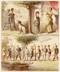 Akkolade, Wert der punktierten Note, Takte in zwei und vier Zeiten - Gravur aus dem Alphabet musical von Mlle Lili, von Angelino Trojelli (18..-1916). Bibliothèque & Magasin d
