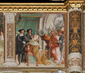 Zentrales Schiff, sechster südlicher Spann, Christus vor Kaiphas, Altobello Melone von Altobello Melone