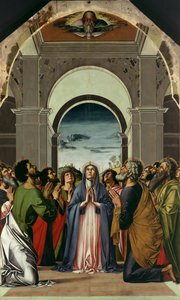 Der Abstieg des Heiligen Geistes. Zentrales Panel des Polyptychons von Pfingsten, ca. 1475
