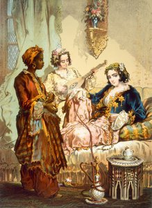 Die Kaffeetasse: Zwei Frauen trinken Kaffee und rauchen Wasserpfeife, veröffentlicht 1865