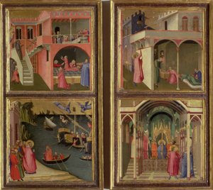 Vier Szenen aus dem Leben des Heiligen Nikolaus: Der Heilige Nikolaus gibt drei Mädchen ihre Mitgift; Der Heilige Nikolaus wird zum Bischof von Myra gewählt; Wiederbelebung eines vom Teufel erwürgten Jungen; Befreiung von Myra aus der Hungersnot von Ambrogio Lorenzetti