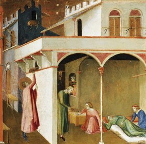 Nikolaus wirft Geld in das Haus von drei jungen Mädchen, um sie vor der Prostitution zu bewahren, indem er sie für die Ehe ausstattet. Szenen aus dem Leben des Heiligen Nikolaus