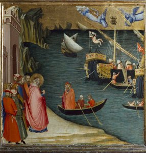 St. Nikolaus, Bischof von Myra, rettet ein Schiff mit einer Ladung Weizen vor dem Sturm. Szenen aus dem Leben des St. Nikolaus von Ambrogio Lorenzetti