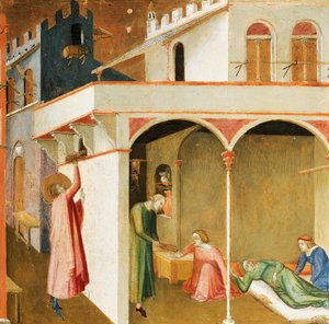 St. Nikolaus bietet drei armen Mädchen ihre Mitgift an (Detail)