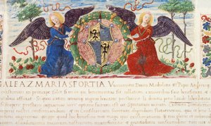 Engel, die ein Schild mit einem Sforza-Wappen halten, Miniatur von Ambrogio Bergognone aus einem Manuskript, Italien 1477