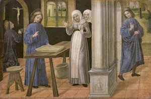 Das Gebet, das Wunder des Siebs und die Abreise nach Subiaco, Predella-Tafel eines Altars mit Szenen aus dem Leben des hl. Benedikt, 1488-95 von Ambrogio da Fossano