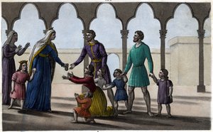 Batilde (oder Bathilde, Ehefrau von Chlodwig II.) hebt eine teure Abgabe auf, die die Gallier pro Kopf zahlten, klein und groß. - Abtei Chelles. Gezeichnet und graviert von Ambroise Tardieu im Jahr 1825 von Ambroise Tardieu