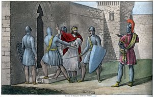 Karl III., „Der Einfältige“ (879-929), Karolinger-Dynastie. 922 entthront und gezwungen, sich zu retten, suchte er Zuflucht bei Herbert II. von Vermandois (ca. 880-943), der ihn 923 im Schloss von Peronne gefangen hielt - Entworfen und graviert von Ambrois von Ambroise Tardieu