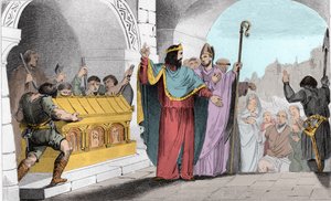 Chlodwig II (635-657) verkauft Silber und Gold aus dem Schrein, um die Armen zu ernähren - Chlodwig II genannt „der Faule“, um die Armen zu ernähren, ließ die Gold- und Silberblätter aus der Kirche von Saint-Denis entfernen - Gravur von 1825 in „Histoire d von Ambroise Tardieu