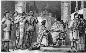Eduard III. von England zwingt uns, Philipp VI. von Valois Tribut zu zollen, in der Kathedrale von Amiens im Jahr 1329 - Gravur von 1825 in 