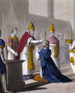 Ludwig II. wurde ein zweites Mal auf dem Konzil von Troyes von Johannes VIII. im Jahr 879 geweiht (Detail von 33595). Entworfen und graviert von Ambroise Tardieu im Jahr 1825