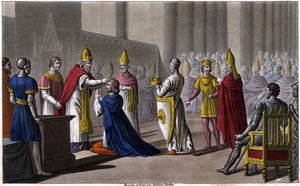 Ludwig II. wurde ein zweites Mal auf dem Konzil von Troyes von Johannes VIII. im Jahr 879 geweiht. Entworfen und graviert von Ambroise Tardieu im Jahr 1825.