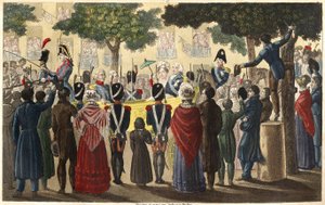 Ludwig XVIII. (1755-1824) wurde 1814 von Condés Armee unter einer kleinen Anzahl von Paris treuen Untertanen zum König ausgerufen (Restauration) - Entworfen und graviert von Ambroise Tardieu im Jahr 1825